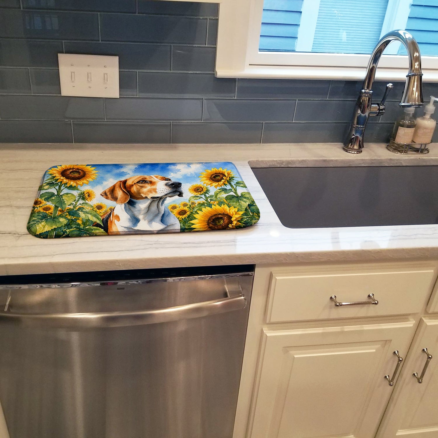 English Foxhound in Sunflowers Dish Drying Mat Absorbent Dish Drying Mat Pad for Kitchen Counter Dish Drainer Mat for Countertop, 14 x 21", Multicolor