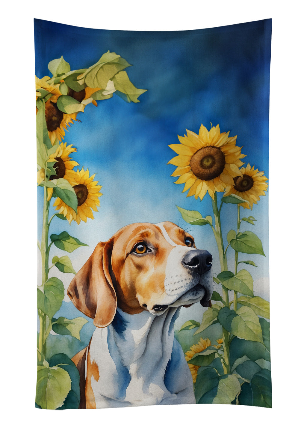 English Foxhound in Sunflowers Kitchen Towel Velour Plush Front and Cotton Loop Back Machine Washable
