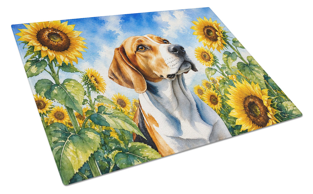 English Foxhound in Sunflowers Cutting Board Tempered Glass Kitchen Cutting Surface, Heat Resistant Chopping Board with Non-Slip Feet, Decorative Food Prep & Serving