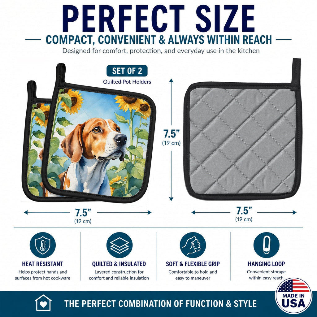 English Foxhound in Sunflowers Pot Holder Set of 2 Heat Resistant Quilted Hot Pads 7.5 x 7.5 Inch, Insulated Kitchen Trivets for Cooking & Baking