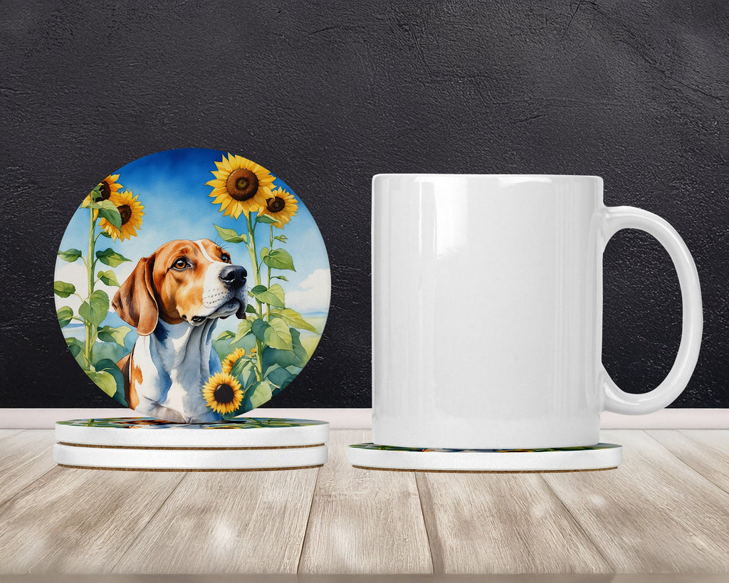 English Foxhound in Sunflowers Large Sandstone Coasters Pack of 4 Absorbent Round Coasters Decor Gifts for Men or Women, 4 in, Multicolor