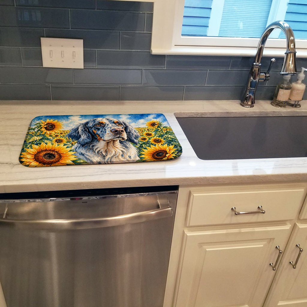 English Setter in Sunflowers Dish Drying Mat Absorbent Dish Drying Mat Pad for Kitchen Counter Dish Drainer Mat for Countertop, 14 x 21", Multicolor