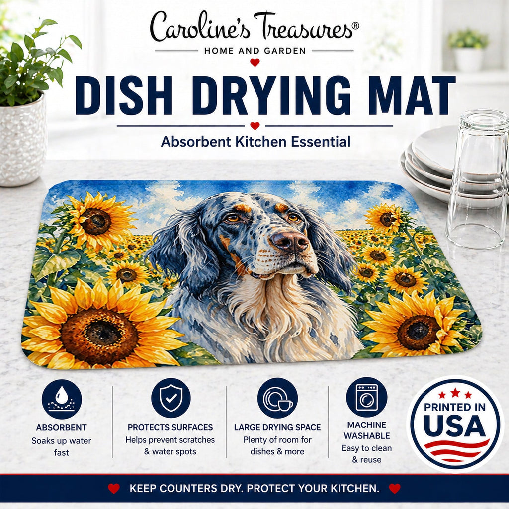 English Setter in Sunflowers Dish Drying Mat Absorbent Dish Drying Mat Pad for Kitchen Counter Dish Drainer Mat for Countertop, 14 x 21", Multicolor