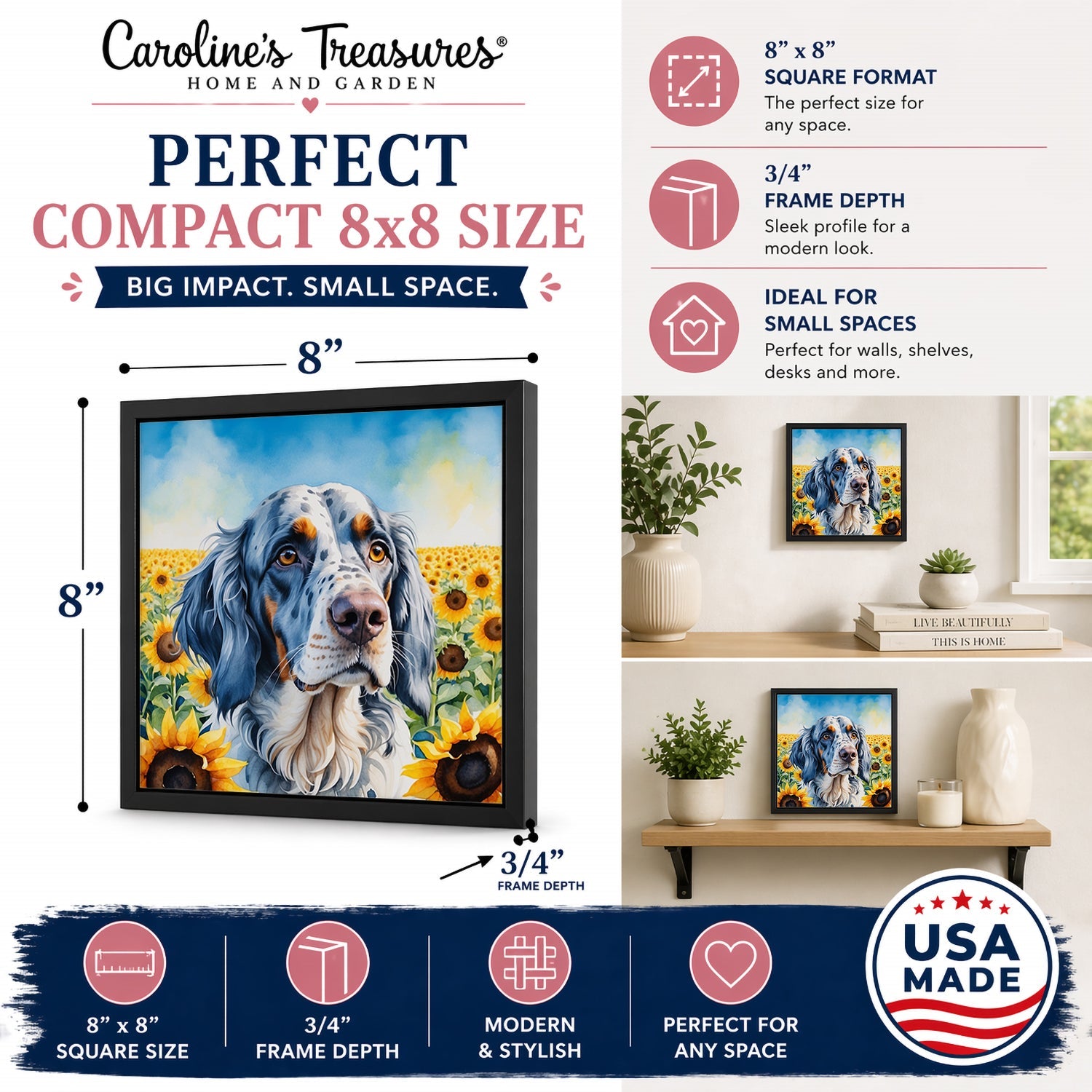 English Setter in Sunflowers Framed Metal Print Bathroom, Kitchen, Office, Home Decor Wall Art Ready to Hang, Square, 8X8