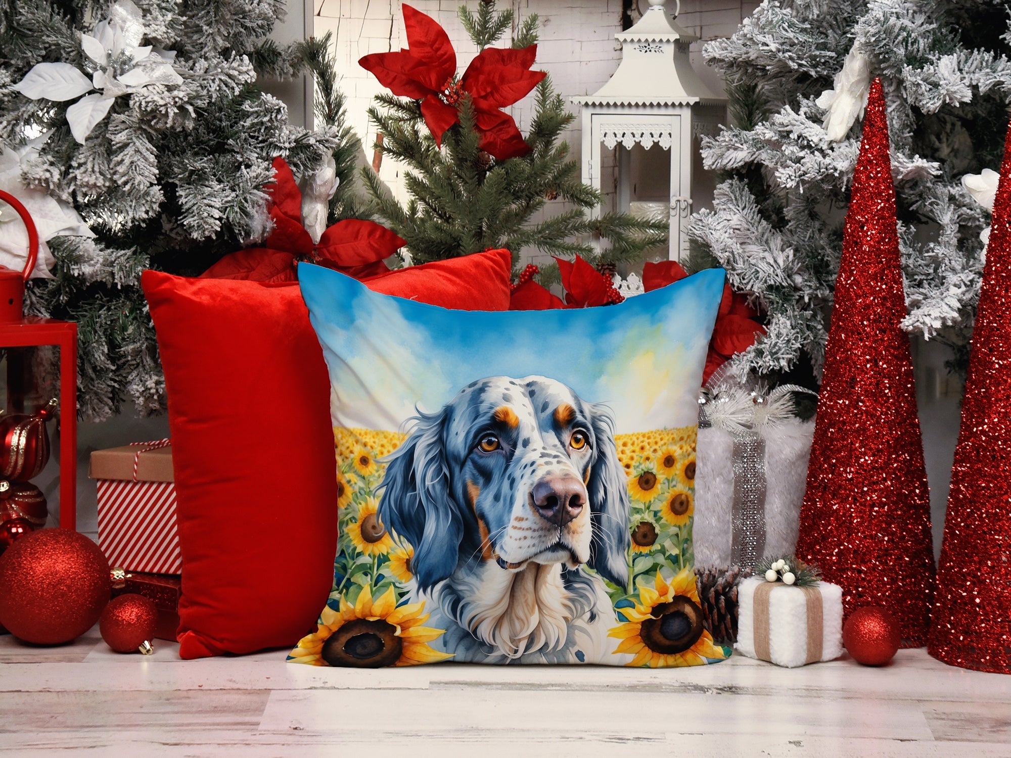 English Setter in Sunflowers Decorative Throw Pillow 14x14 Indoor Outdoor Accent Cushion, Fabric Cover with Insert for Sofa, Bed, Porch & Living Room
