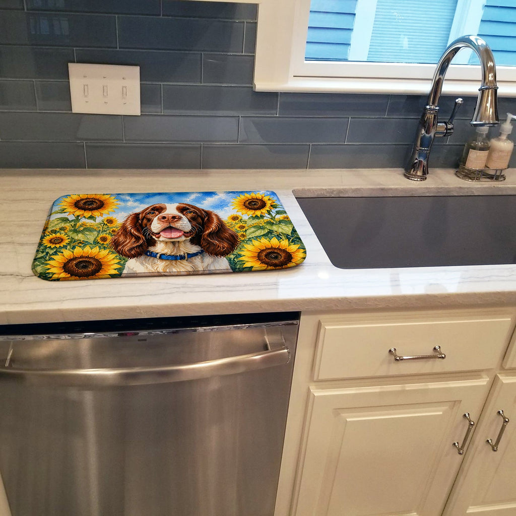 English Springer Spaniel in Sunflowers Dish Drying Mat Absorbent Dish Drying Mat Pad for Kitchen Counter Dish Drainer Mat for Countertop, 14 x 21", Multicolor