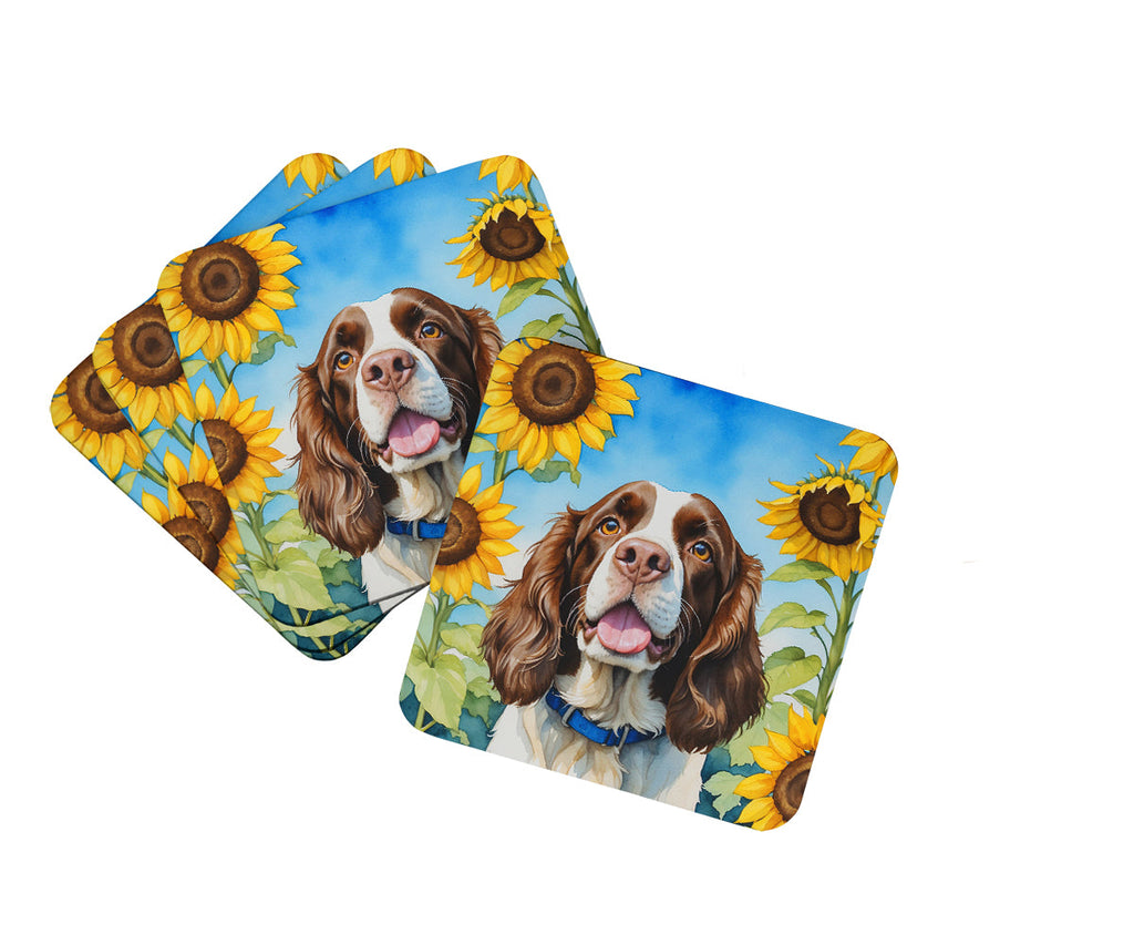 English Springer Spaniel in Sunflowers Foam Coasters Set of 4 Cup Coasters for Indoor Outdoor, Tabletop Protection, Anti Slip, Mouse pad Material