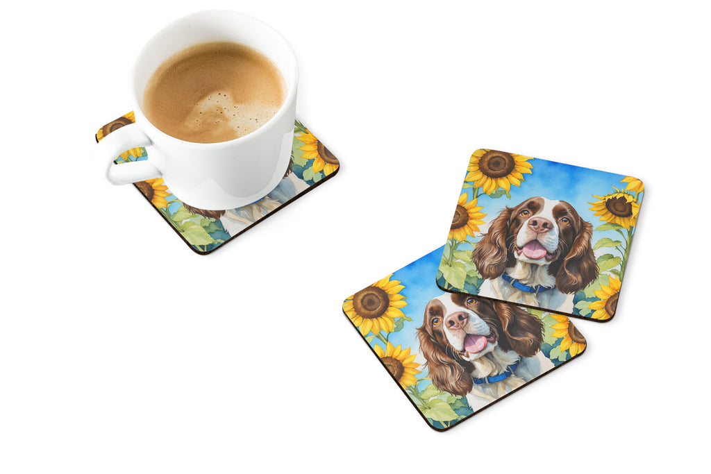 English Springer Spaniel in Sunflowers Foam Coasters Set of 4 Cup Coasters for Indoor Outdoor, Tabletop Protection, Anti Slip, Mouse pad Material