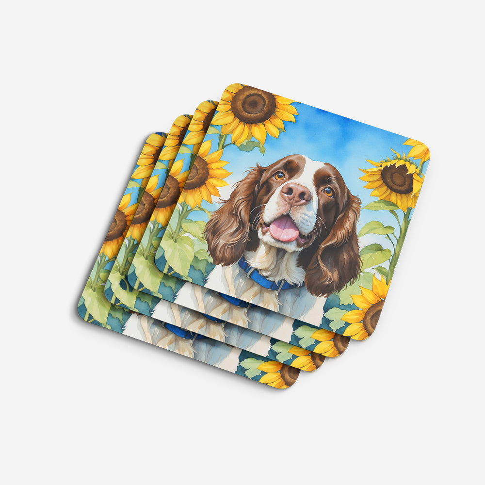English Springer Spaniel in Sunflowers Foam Coasters Set of 4 Cup Coasters for Indoor Outdoor, Tabletop Protection, Anti Slip, Mouse pad Material