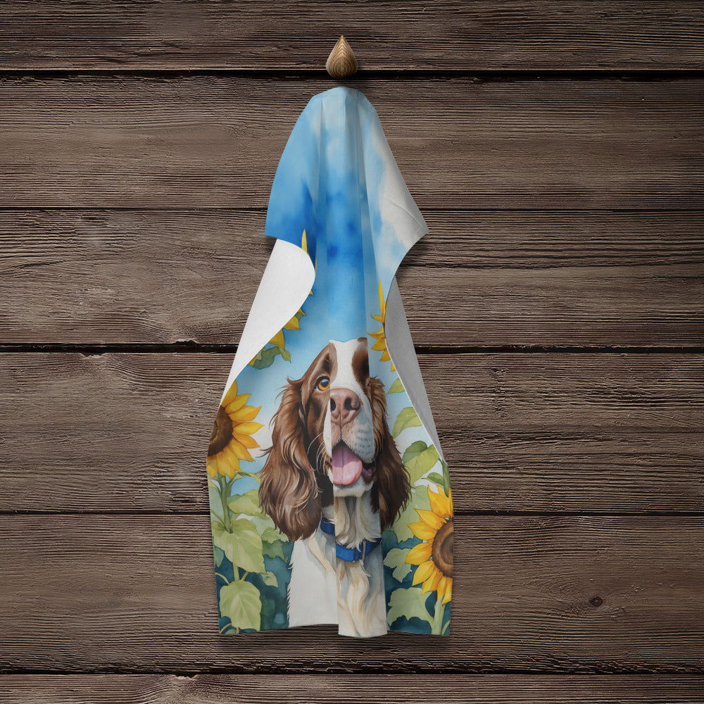 English Springer Spaniel in Sunflowers Kitchen Towel Velour Plush Front and Cotton Loop Back Machine Washable