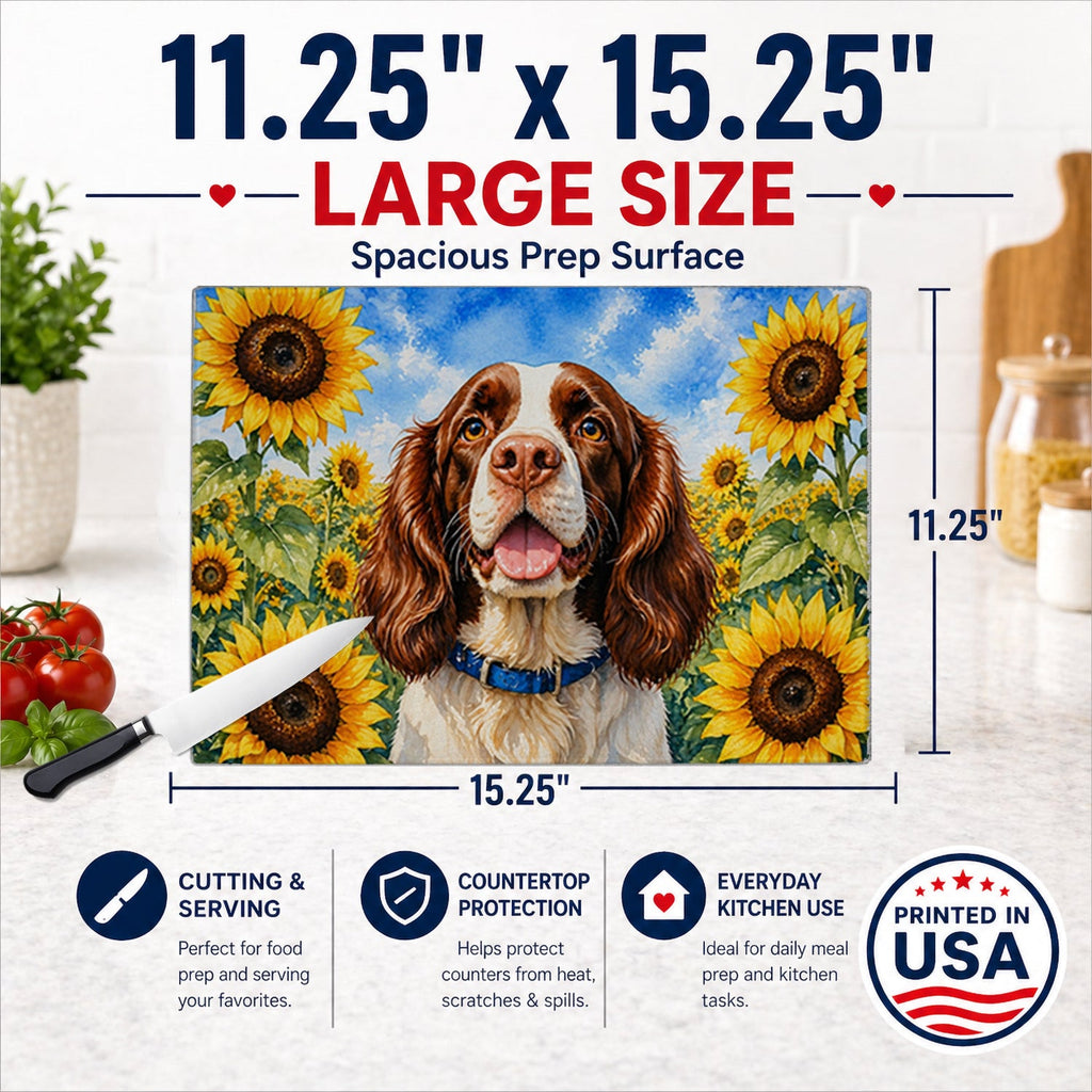English Springer Spaniel in Sunflowers Cutting Board Tempered Glass Kitchen Cutting Surface, Heat Resistant Chopping Board with Non-Slip Feet, Decorative Food Prep & Serving