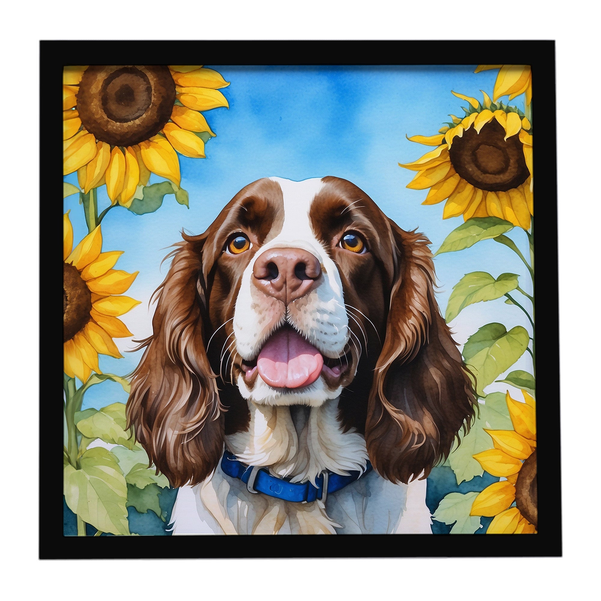 English Springer Spaniel in Sunflowers Framed Metal Print Bathroom, Kitchen, Office, Home Decor Wall Art Ready to Hang, Square, 8X8