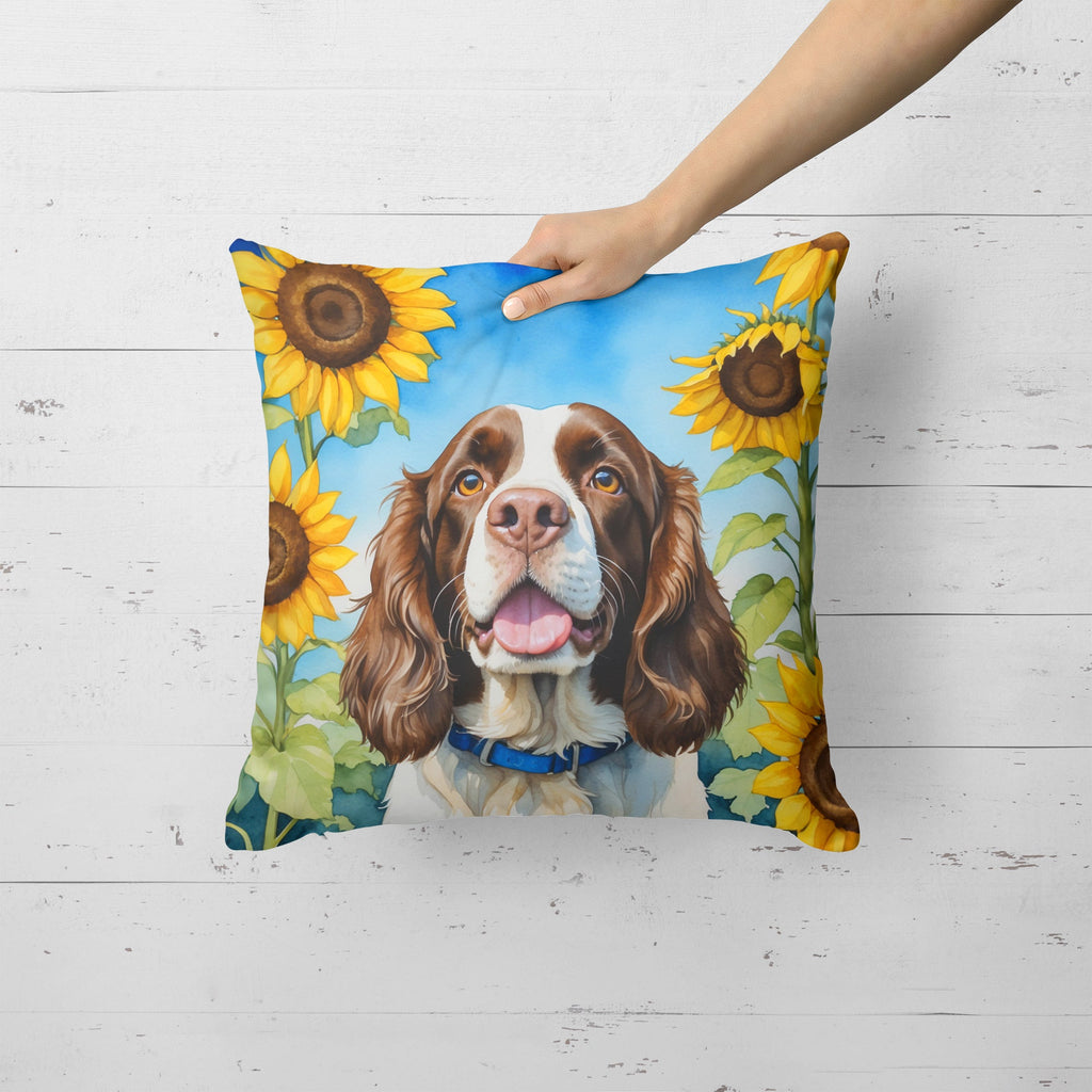 English Springer Spaniel in Sunflowers Decorative Throw Pillow 18x18 Indoor Outdoor Accent Cushion, Fabric Cover with Insert for Sofa, Bed, Porch & Living Room