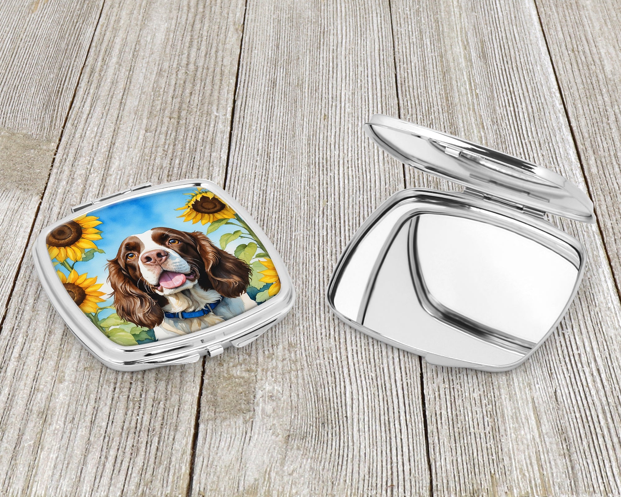 English Springer Spaniel in Sunflowers Compact Mirror Decorative Travel Makeup Mirror for Women Girls Gifts Pocket Makeup Mirror Folding Handheld