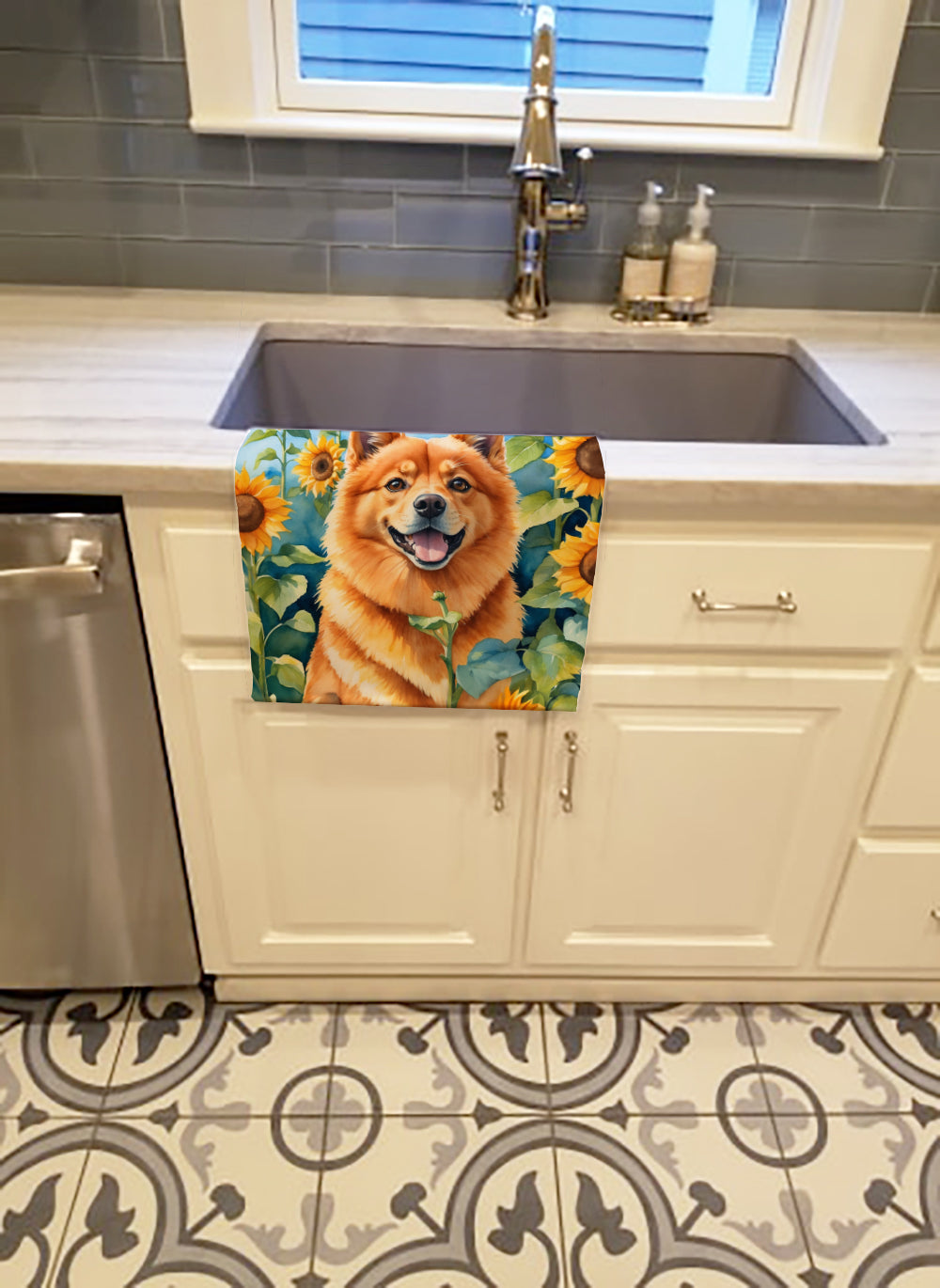 Finnish Spitz in Sunflowers Kitchen Towel Velour Plush Front and Cotton Loop Back Machine Washable