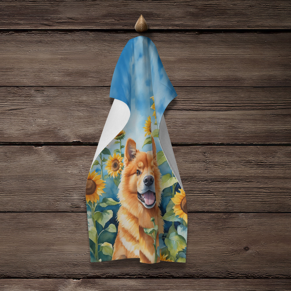 Finnish Spitz in Sunflowers Kitchen Towel Velour Plush Front and Cotton Loop Back Machine Washable