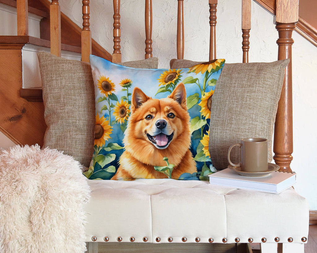Finnish Spitz in Sunflowers Decorative Throw Pillow 14x14 Indoor Outdoor Accent Cushion, Fabric Cover with Insert for Sofa, Bed, Porch & Living Room