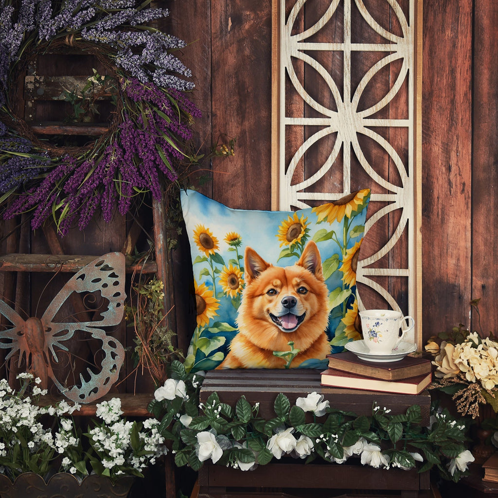 Finnish Spitz in Sunflowers Decorative Throw Pillow 14x14 Indoor Outdoor Accent Cushion, Fabric Cover with Insert for Sofa, Bed, Porch & Living Room