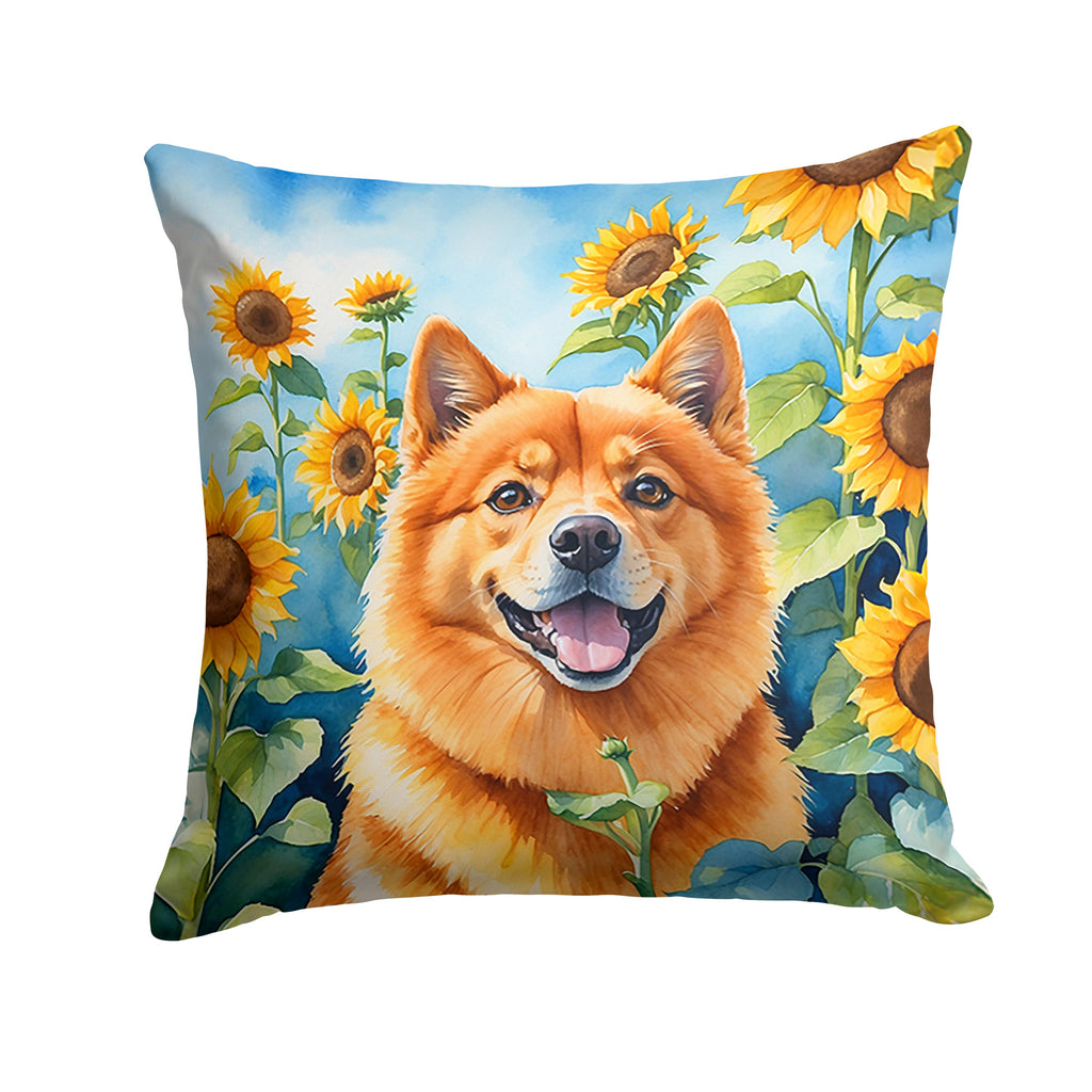 Finnish Spitz in Sunflowers Decorative Throw Pillow 18x18 Indoor Outdoor Accent Cushion, Fabric Cover with Insert for Sofa, Bed, Porch & Living Room