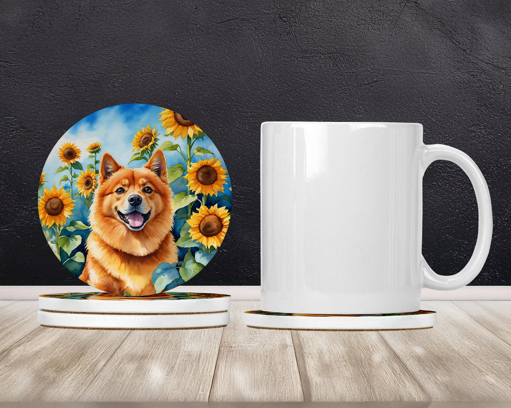 Finnish Spitz in Sunflowers Large Sandstone Coasters Pack of 4 Absorbent Round Coasters Decor Gifts for Men or Women, 4 in, Multicolor