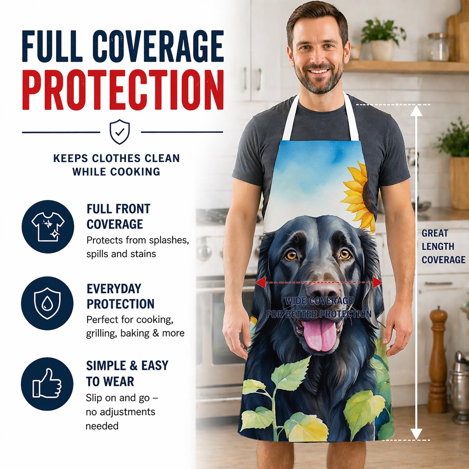 Flat-Coated Retriever in Sunflowers Apron Cooking Kitchen Server Baking Crafts Gardening for Adult Women Men, Unisex, Large, Multicolor