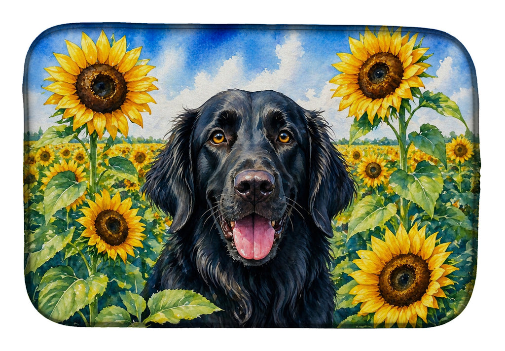 Flat-Coated Retriever in Sunflowers Dish Drying Mat Absorbent Dish Drying Mat Pad for Kitchen Counter Dish Drainer Mat for Countertop, 14 x 21", Multicolor