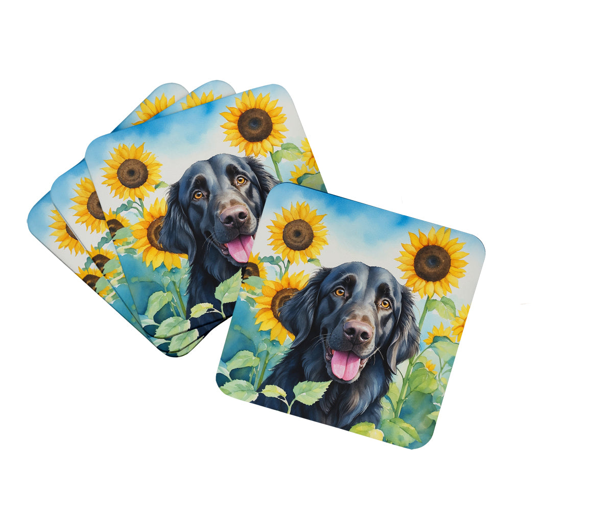 Flat-Coated Retriever in Sunflowers Foam Coasters Set of 4 Cup Coasters for Indoor Outdoor, Tabletop Protection, Anti Slip, Mouse pad Material