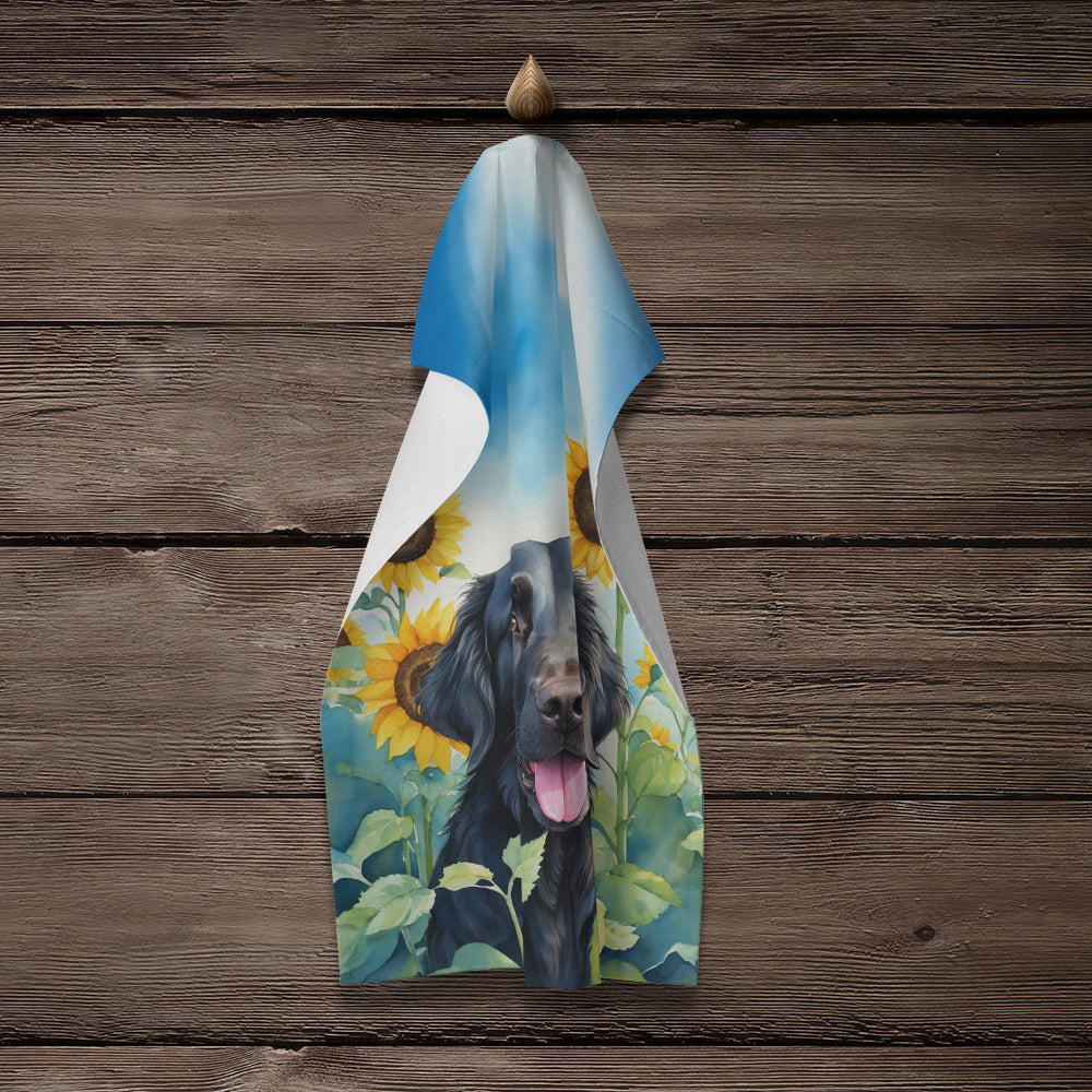 Flat-Coated Retriever in Sunflowers Kitchen Towel Velour Plush Front and Cotton Loop Back Machine Washable