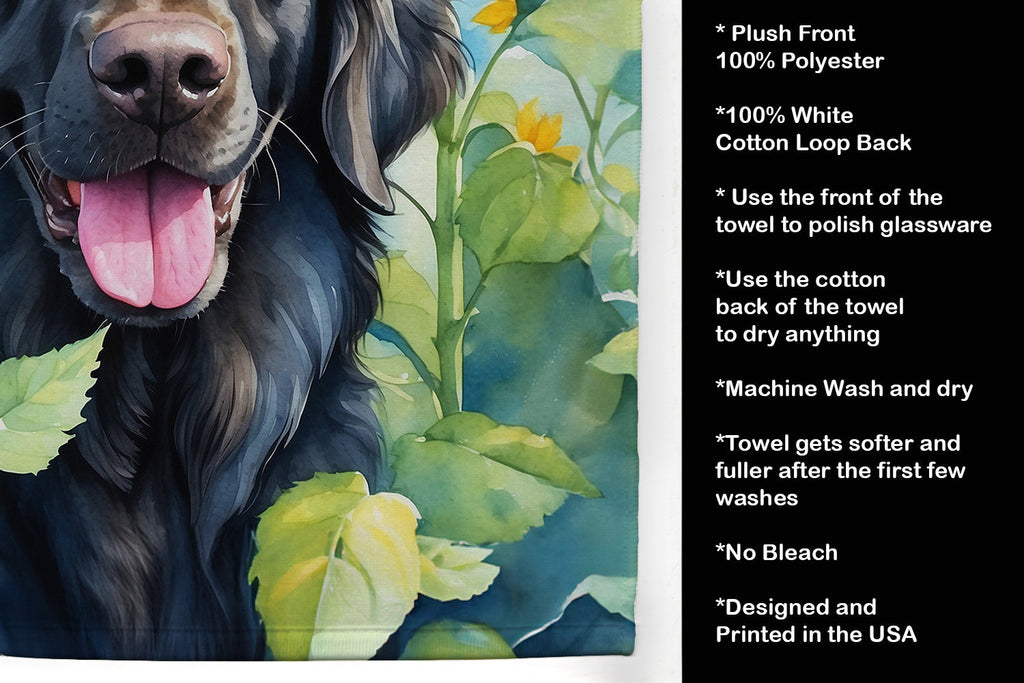 Flat-Coated Retriever in Sunflowers Kitchen Towel Velour Plush Front and Cotton Loop Back Machine Washable