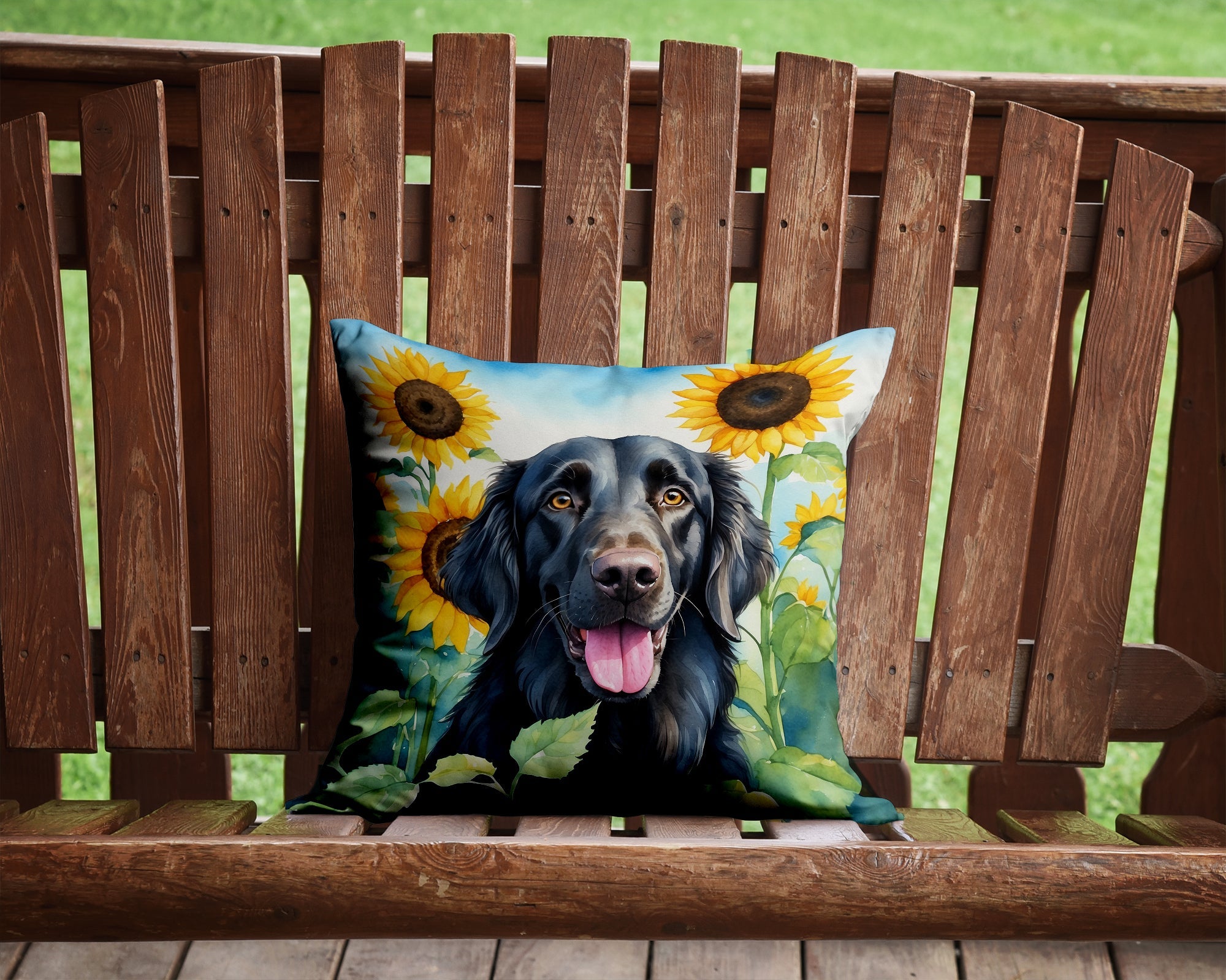 Flat-Coated Retriever in Sunflowers Decorative Throw Pillow 14x14 Indoor Outdoor Accent Cushion, Fabric Cover with Insert for Sofa, Bed, Porch & Living Room
