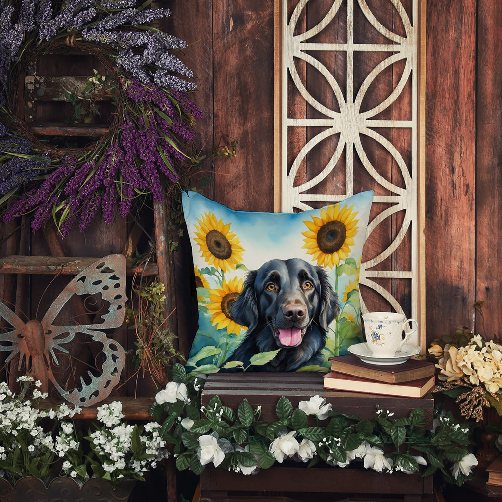Flat-Coated Retriever in Sunflowers Decorative Throw Pillow 14x14 Indoor Outdoor Accent Cushion, Fabric Cover with Insert for Sofa, Bed, Porch & Living Room