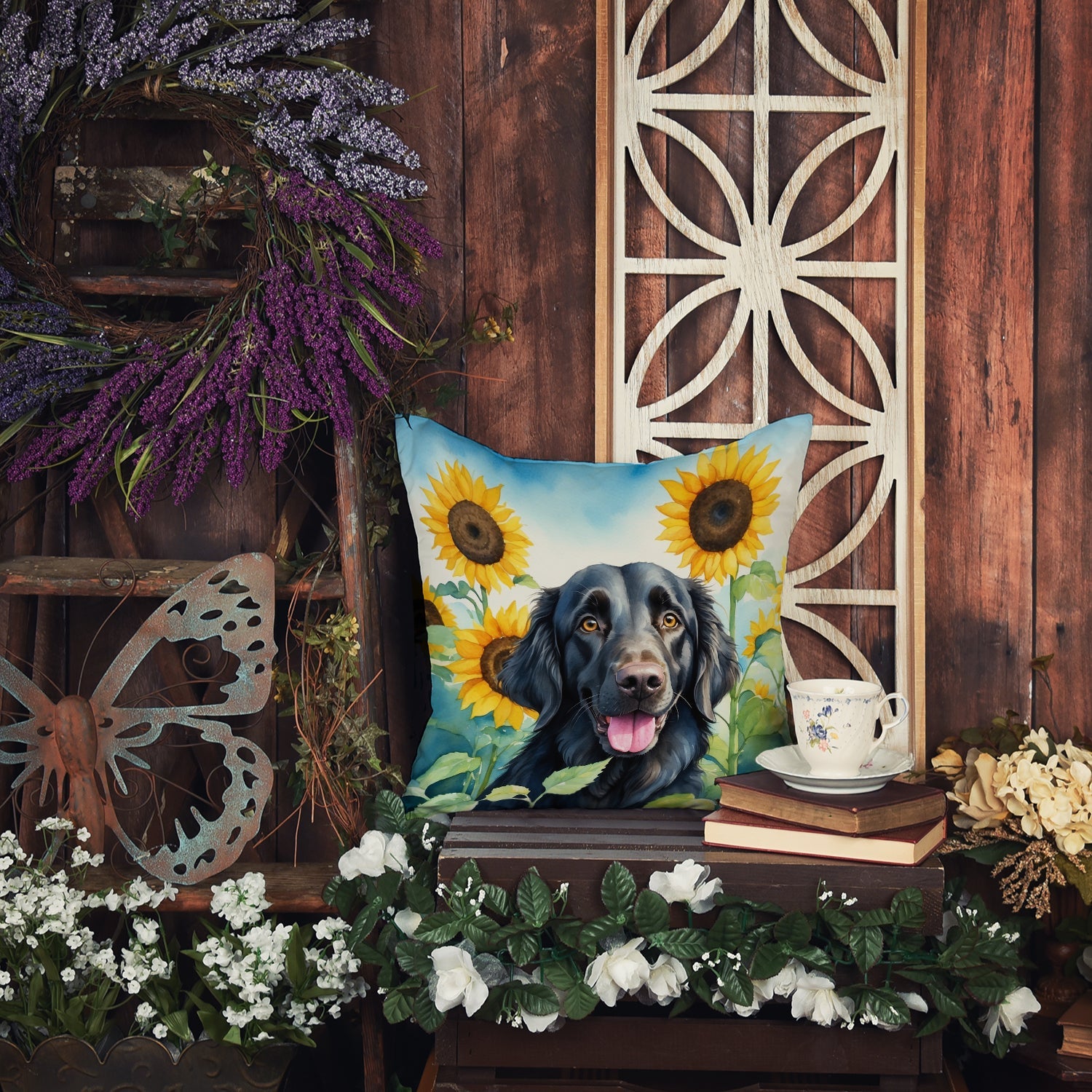Flat-Coated Retriever in Sunflowers Decorative Throw Pillow 14x14 Indoor Outdoor Accent Cushion, Fabric Cover with Insert for Sofa, Bed, Porch & Living Room