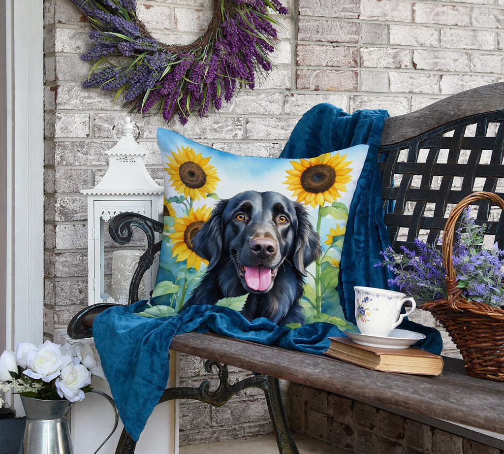 Flat-Coated Retriever in Sunflowers Decorative Throw Pillow 18x18 Indoor Outdoor Accent Cushion, Fabric Cover with Insert for Sofa, Bed, Porch & Living Room