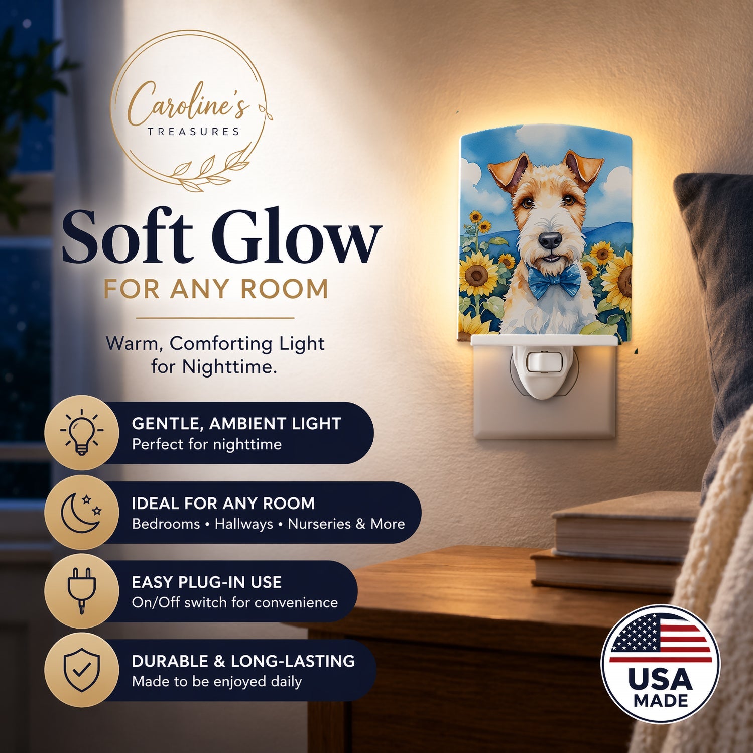 Fox Terrier in Sunflowers Ceramic Night Light Compact, UL-Certified, Ideal for Bedroom, Bathroom, Nursery, Hallway, Kitchen, 6x4x3, Multicolor