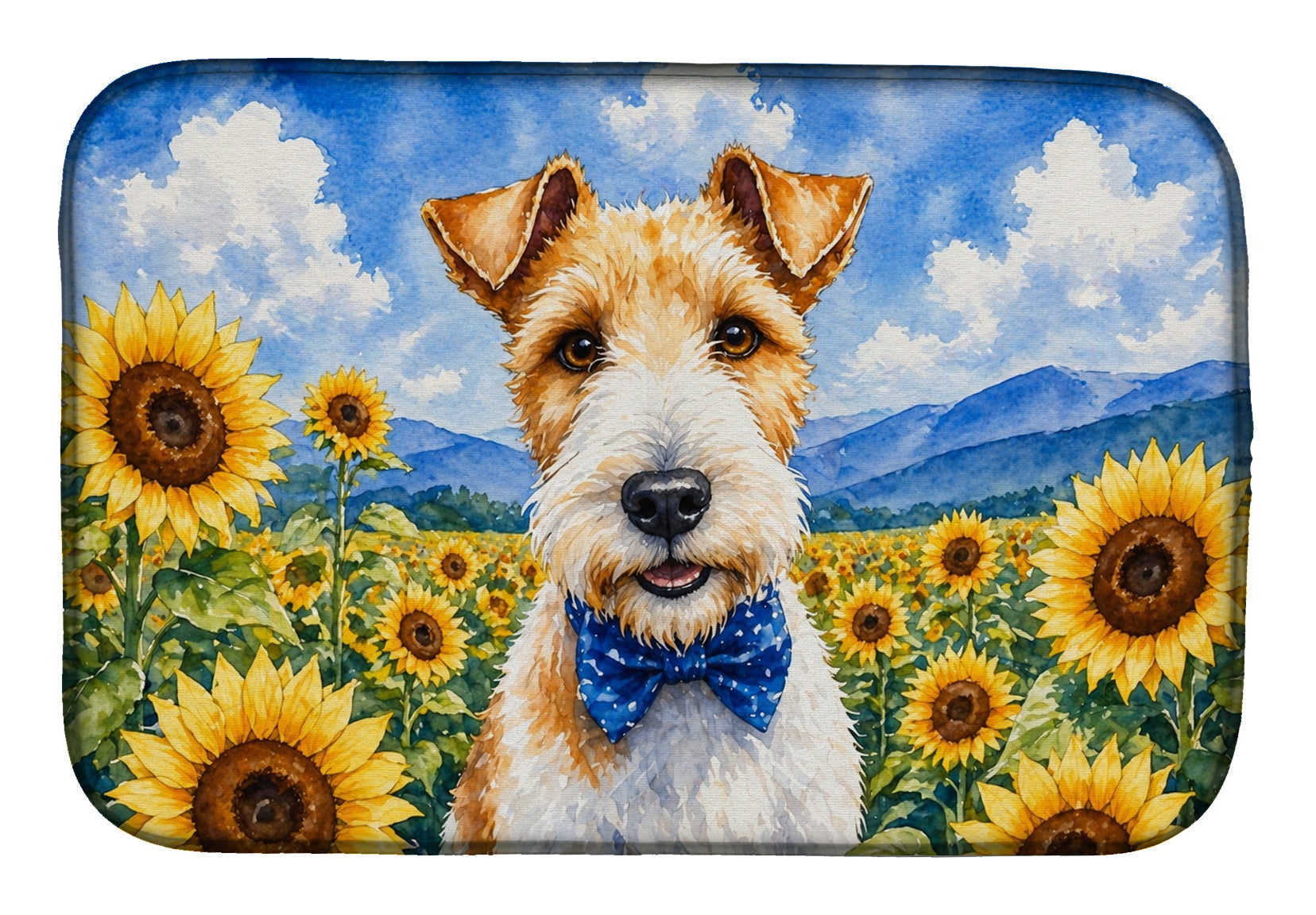 Fox Terrier in Sunflowers Dish Drying Mat Absorbent Dish Drying Mat Pad for Kitchen Counter Dish Drainer Mat for Countertop, 14 x 21", Multicolor