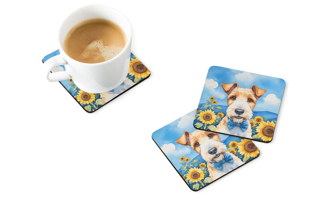 Fox Terrier in Sunflowers Foam Coasters Set of 4 Cup Coasters for Indoor Outdoor, Tabletop Protection, Anti Slip, Mouse pad Material