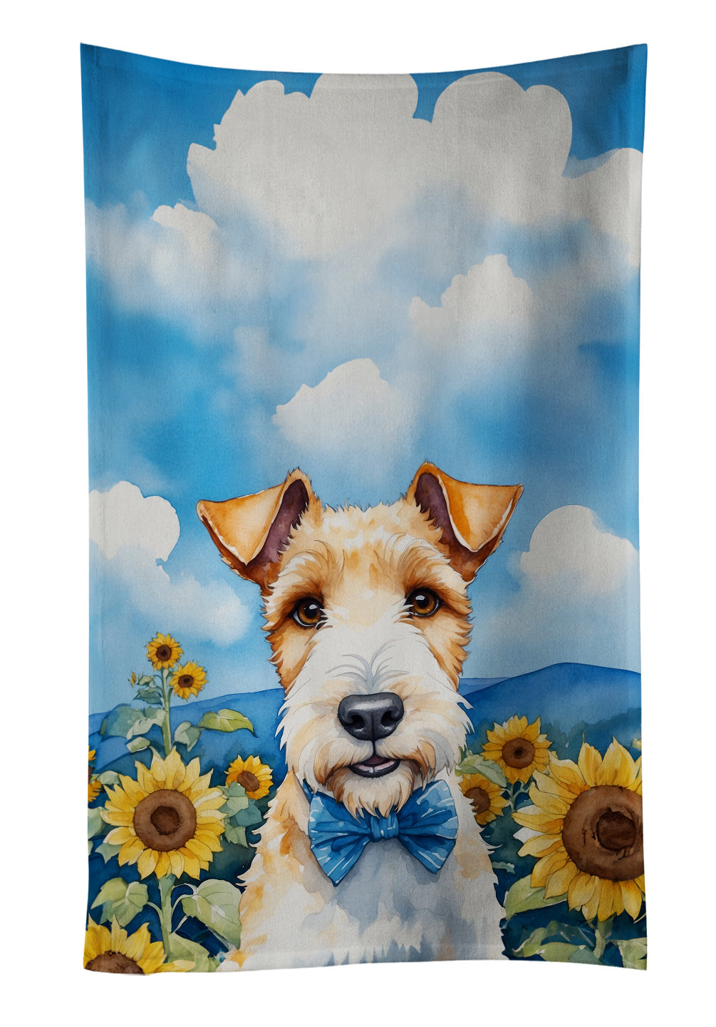 Fox Terrier in Sunflowers Kitchen Towel Velour Plush Front and Cotton Loop Back Machine Washable