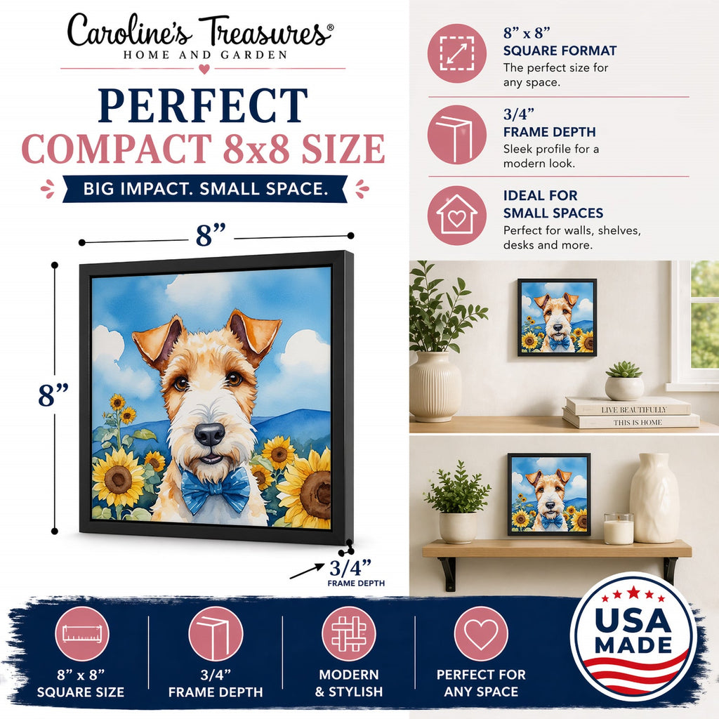 Fox Terrier in Sunflowers Framed Metal Print Bathroom, Kitchen, Office, Home Decor Wall Art Ready to Hang, Square, 8X8