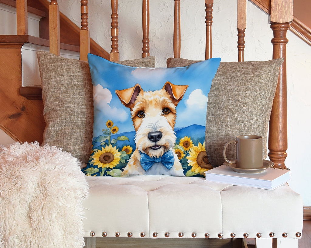 Fox Terrier in Sunflowers Decorative Throw Pillow 14x14 Indoor Outdoor Accent Cushion, Fabric Cover with Insert for Sofa, Bed, Porch & Living Room