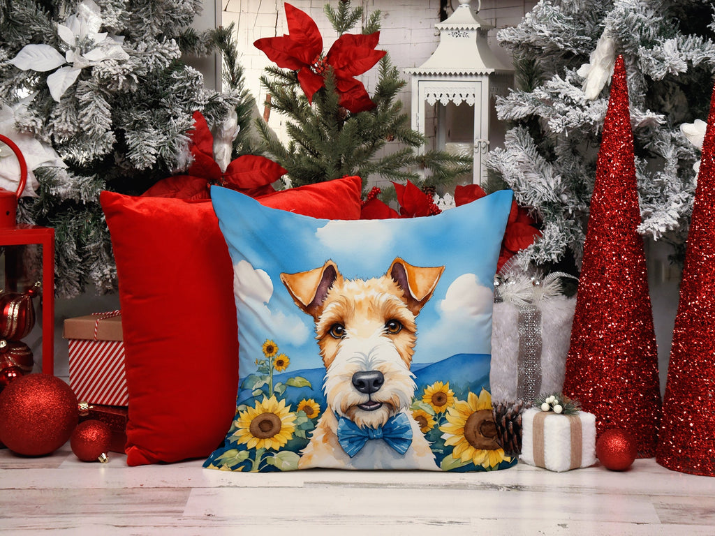 Fox Terrier in Sunflowers Decorative Throw Pillow 14x14 Indoor Outdoor Accent Cushion, Fabric Cover with Insert for Sofa, Bed, Porch & Living Room