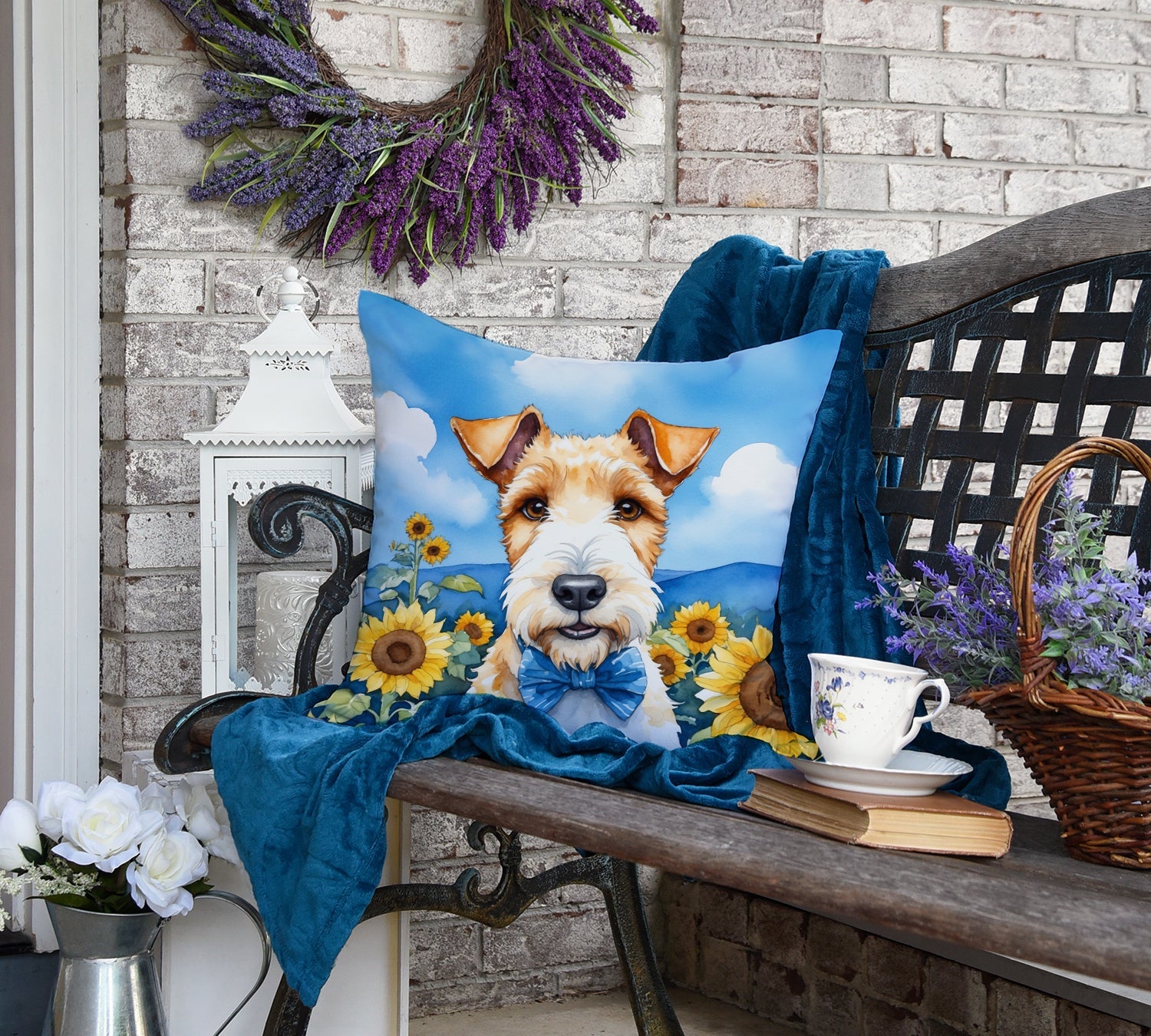 Fox Terrier in Sunflowers Decorative Throw Pillow 18x18 Indoor Outdoor Accent Cushion, Fabric Cover with Insert for Sofa, Bed, Porch & Living Room