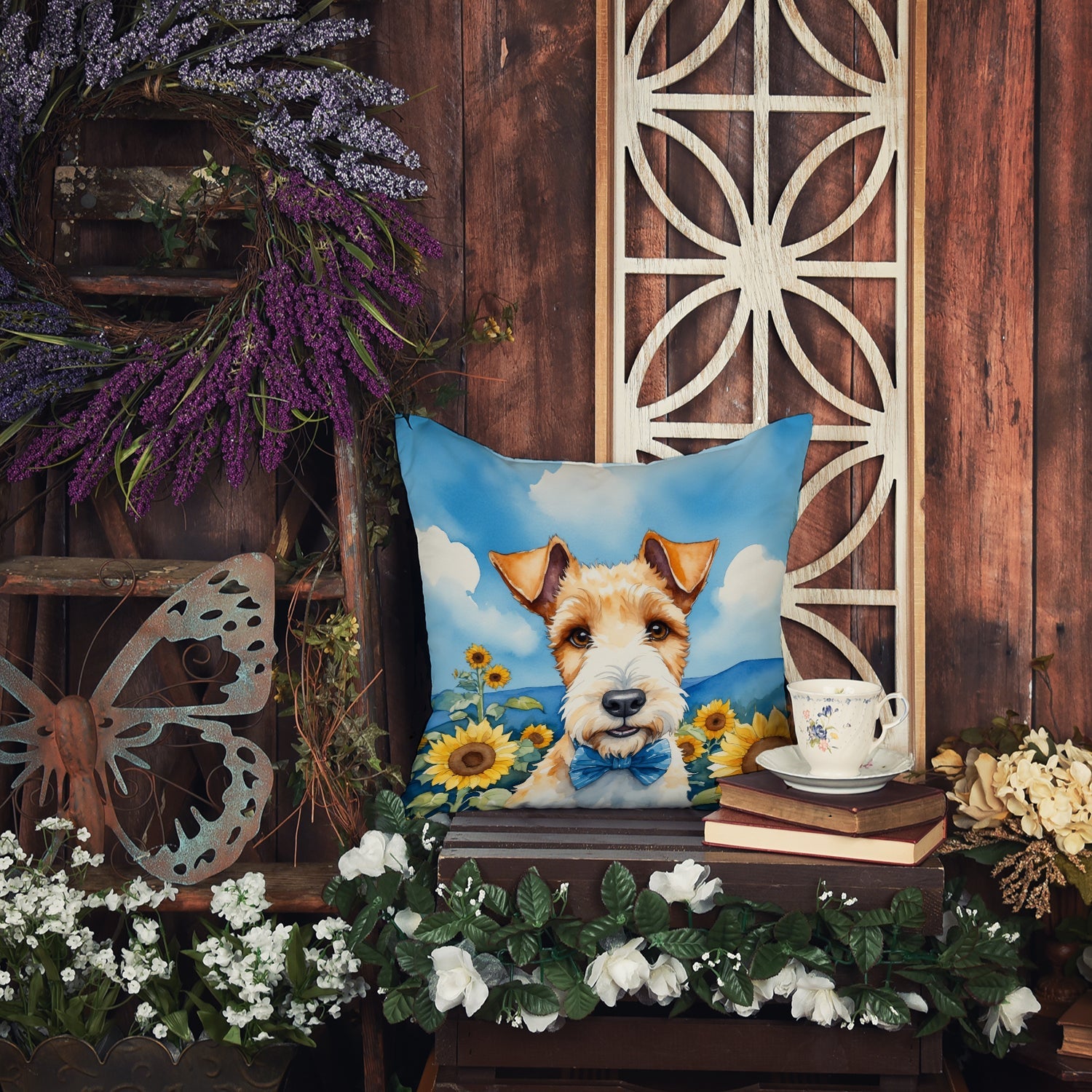 Fox Terrier in Sunflowers Decorative Throw Pillow 18x18 Indoor Outdoor Accent Cushion, Fabric Cover with Insert for Sofa, Bed, Porch & Living Room