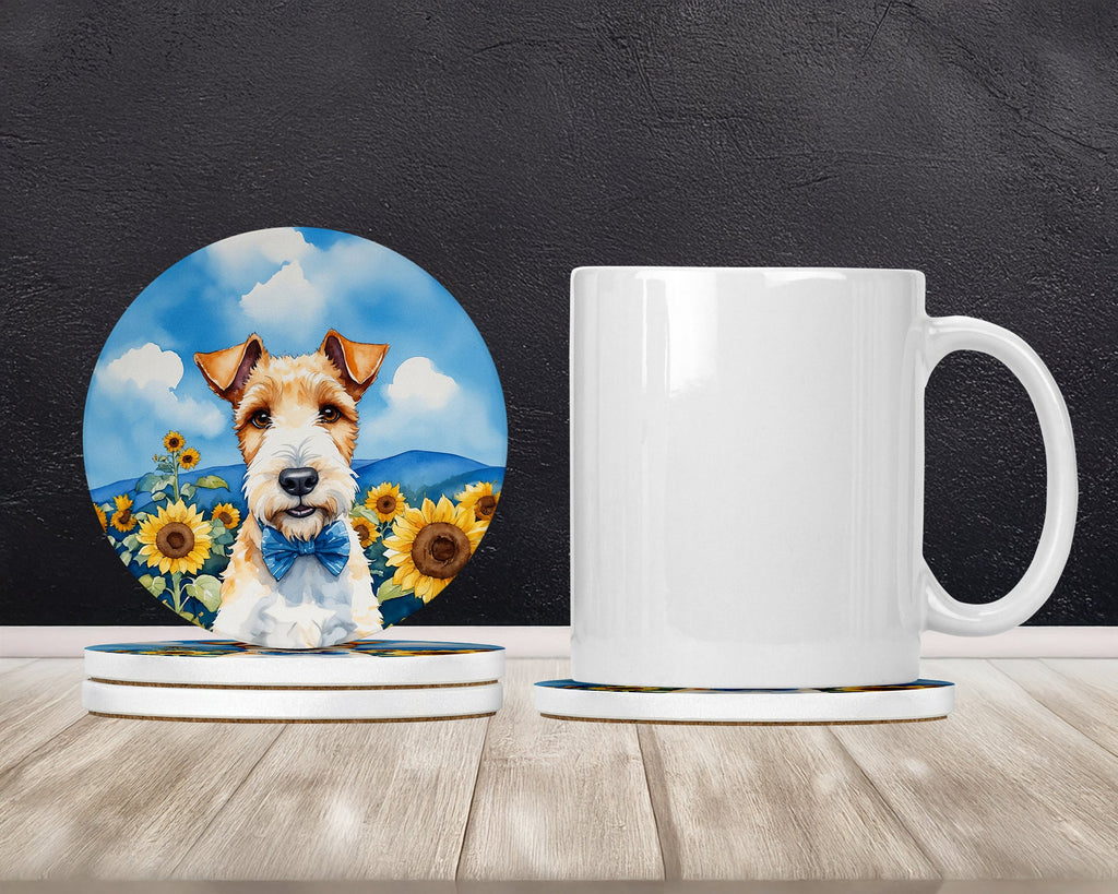 Fox Terrier in Sunflowers Large Sandstone Coasters Pack of 4 Absorbent Round Coasters Decor Gifts for Men or Women, 4 in, Multicolor