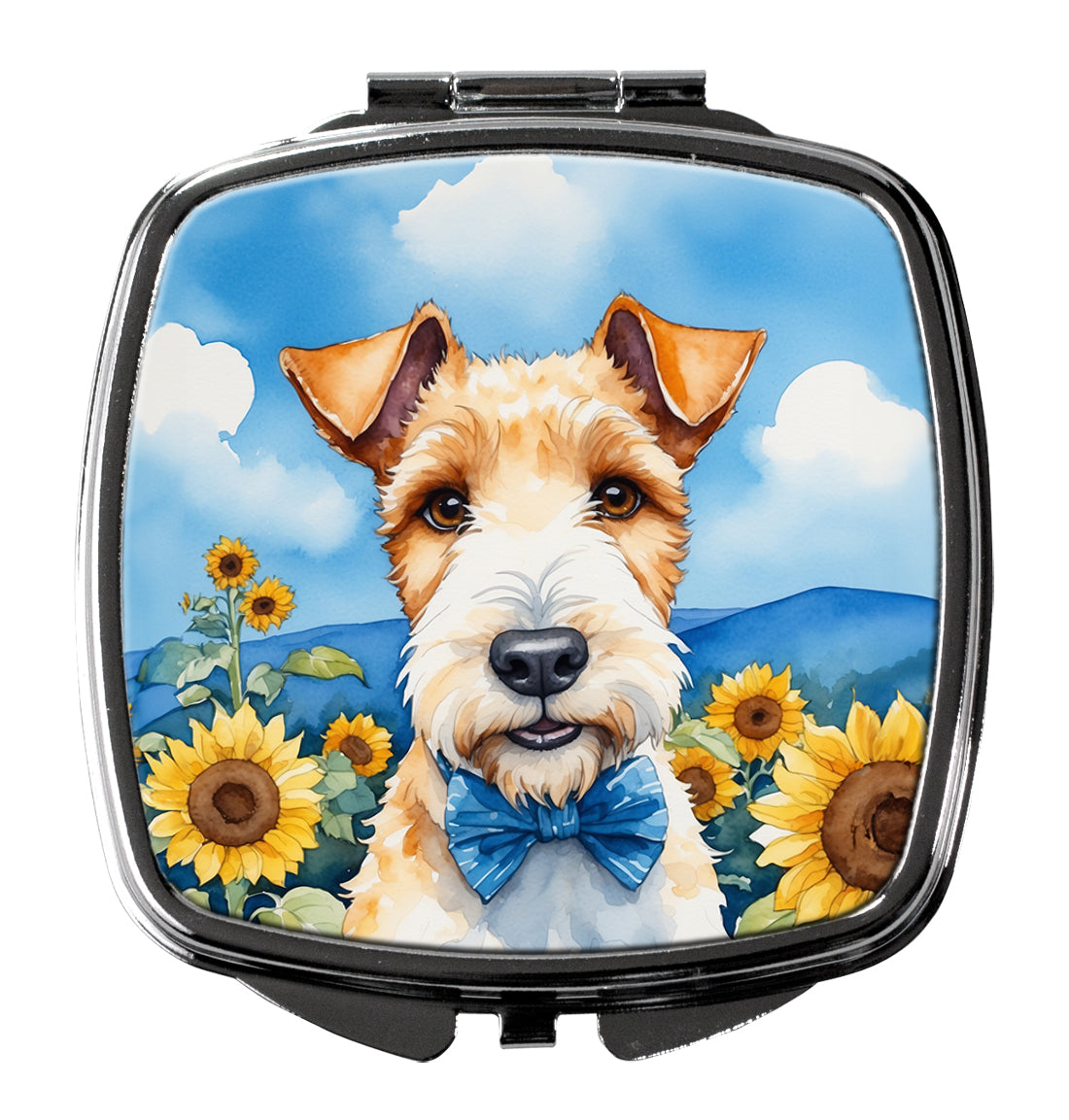 Fox Terrier in Sunflowers Compact Mirror Decorative Travel Makeup Mirror for Women Girls Gifts Pocket Makeup Mirror Folding Handheld