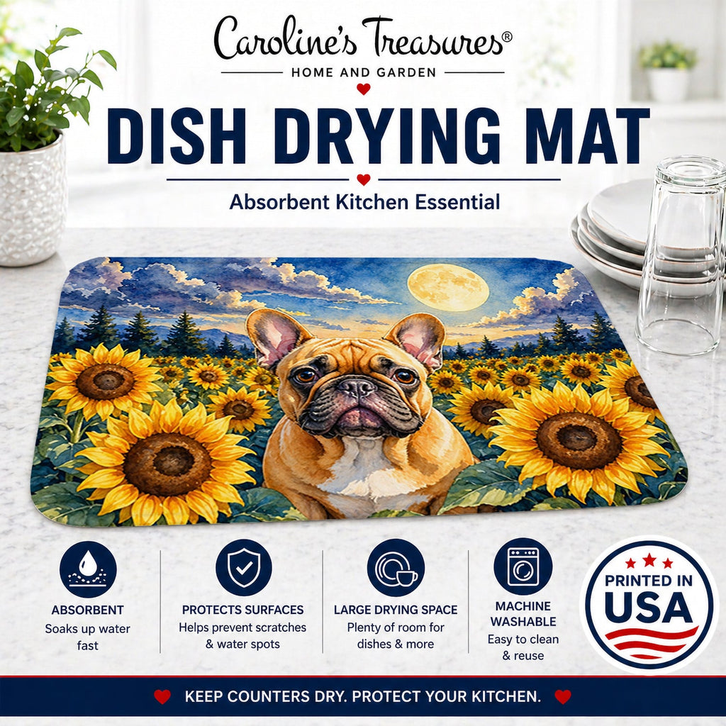 French Bulldog in Sunflowers Dish Drying Mat Absorbent Dish Drying Mat Pad for Kitchen Counter Dish Drainer Mat for Countertop, 14 x 21", Multicolor