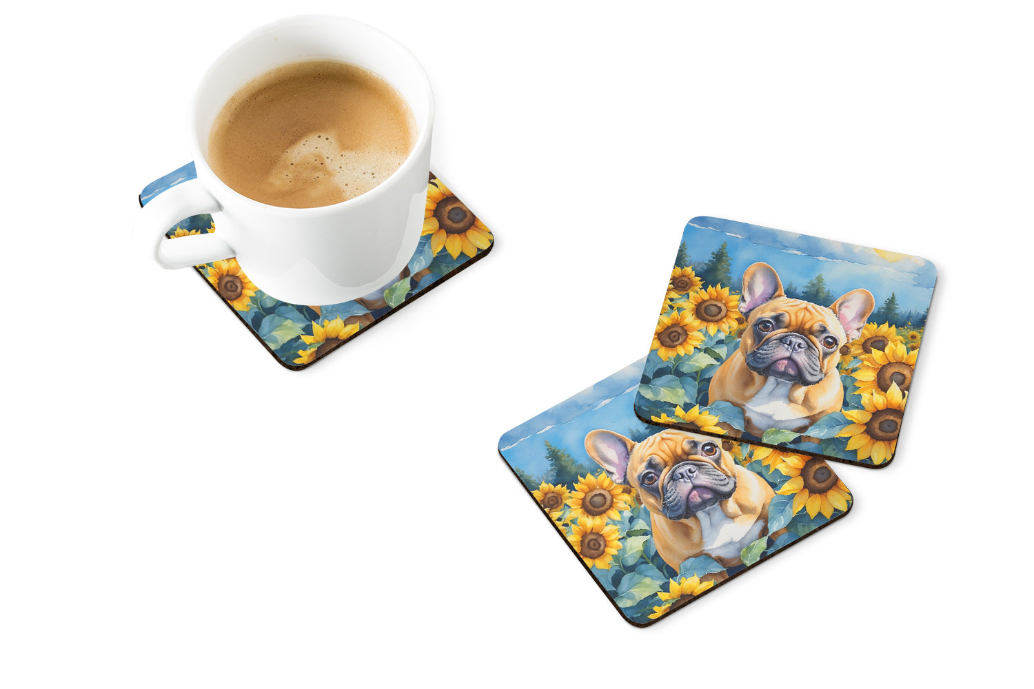 French Bulldog in Sunflowers Foam Coasters Set of 4 Cup Coasters for Indoor Outdoor, Tabletop Protection, Anti Slip, Mouse pad Material