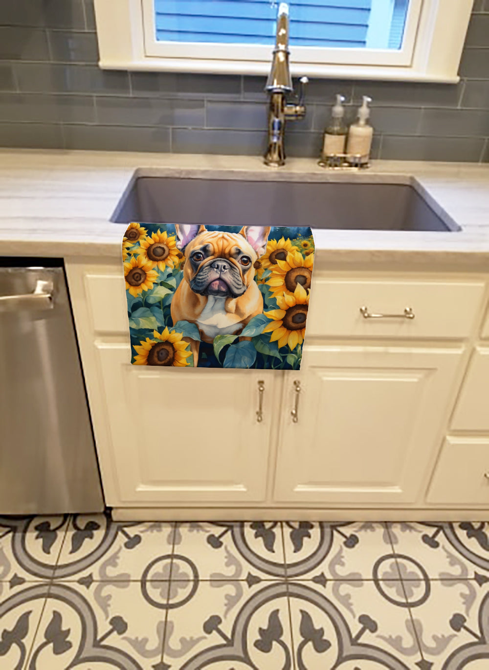 French Bulldog in Sunflowers Kitchen Towel Velour Plush Front and Cotton Loop Back Machine Washable