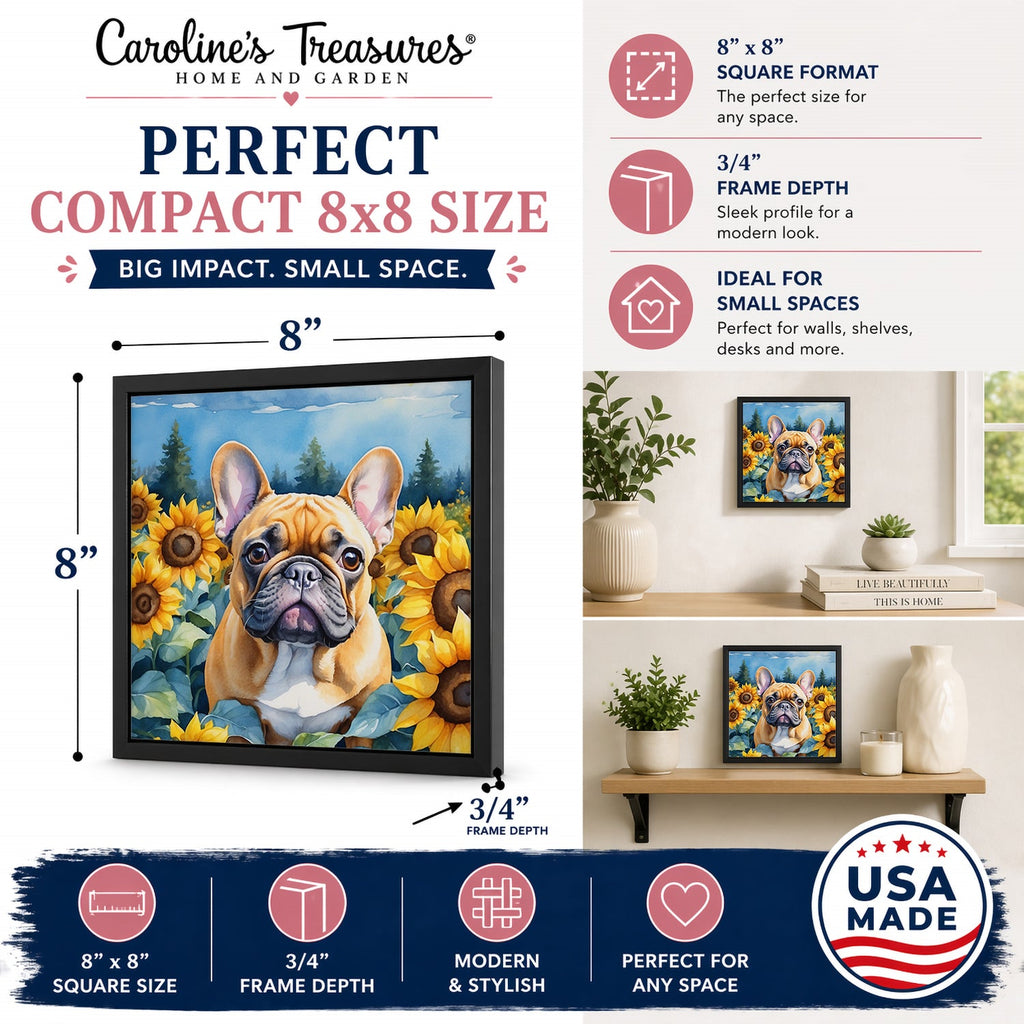 French Bulldog in Sunflowers Framed Metal Print Bathroom, Kitchen, Office, Home Decor Wall Art Ready to Hang, Square, 8X8