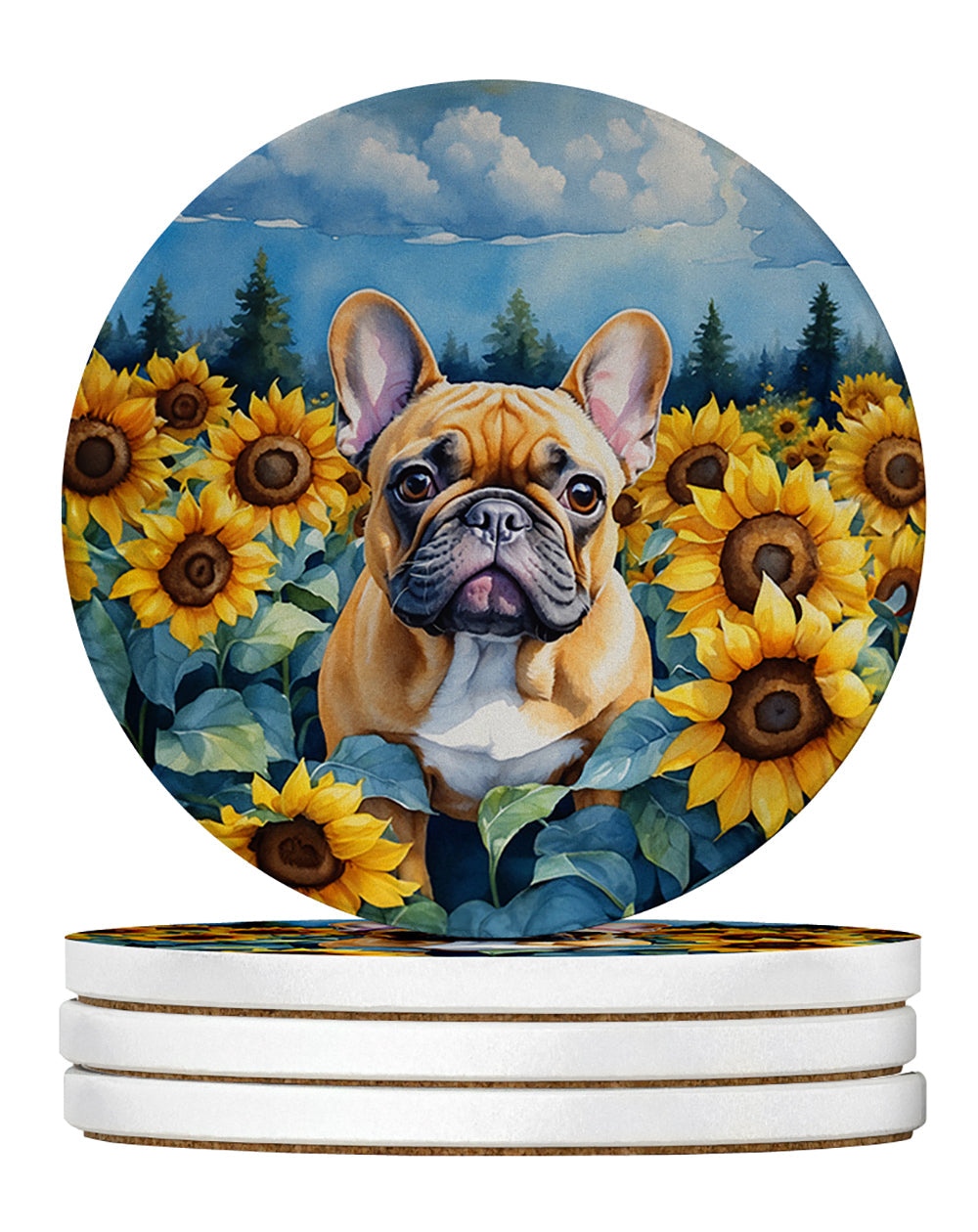 French Bulldog in Sunflowers Large Sandstone Coasters Pack of 4 Absorbent Round Coasters Decor Gifts for Men or Women, 4 in, Multicolor