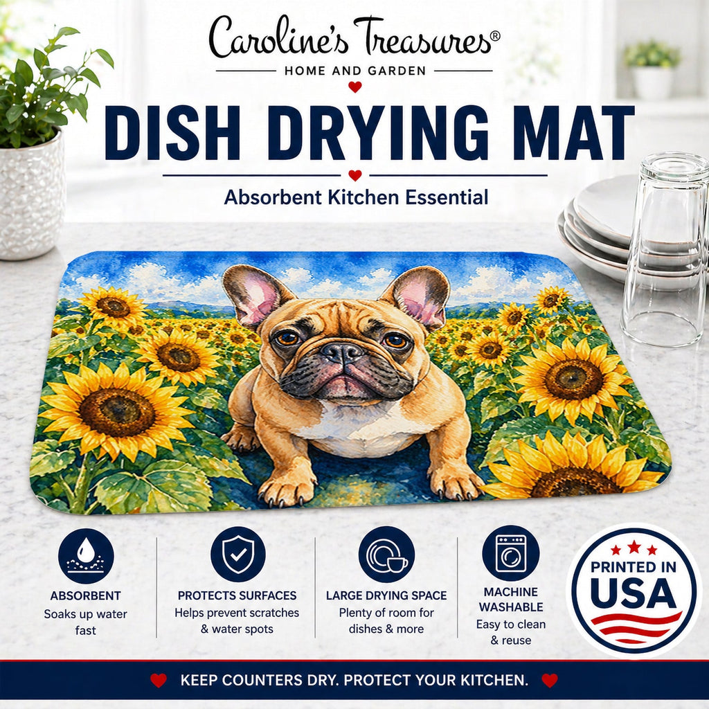 French Bulldog in Sunflowers Dish Drying Mat Absorbent Dish Drying Mat Pad for Kitchen Counter Dish Drainer Mat for Countertop, 14 x 21", Multicolor